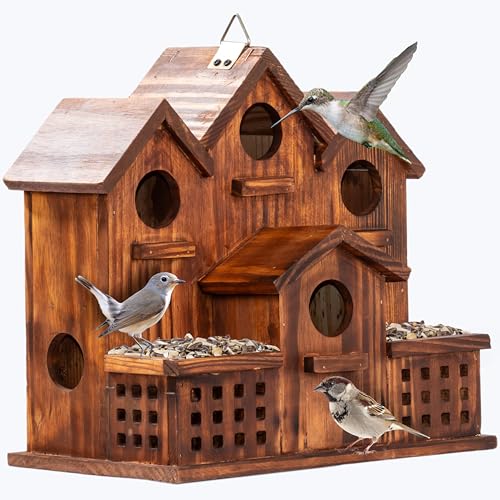 MIXUMON Bird House Outdoor with Feeder, 6-Room Wooden Birdhouse for Outdoors & Outside, Carbonized Pine Wood Bird Houses with 1.57” Entrance & Easy Clean-Out Doors - color: Carbonize