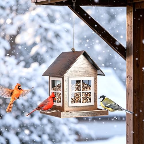 Bird Feeder, Waterproof Bird Feeders for Outdoor Hanging | Heavy Duty Metal, 3LB Large Capacity, 4 Perches, Drain Holes, For Outside Garden Yard Country Hanging, House Shape - size: Standard