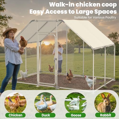 Large Metal Chicken Run, Chicken Coop with Lockable Door Flat Shape Walk-in Chicken Hen House with Waterproof & Anti-UV Cover for Duck Rabbit Habitat Cage Outdoor Poultry Cage for Yard Farm - size: 120.0"L x 79.2"W x 79.2"H