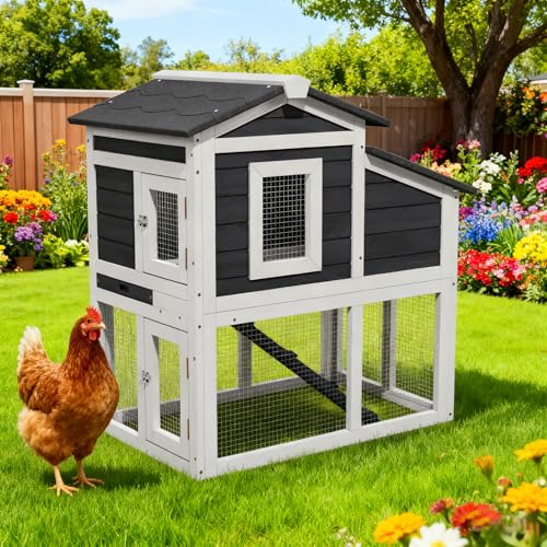 Chicken Coop for 2-4 Chickens, Chicken Run, Wooden Hen House | Asphalt Openable Roof, Non-Slip Ramp, Nesting Boxes,Pull-Out Removable Tray, Ideal for Backyard Outdoor Use - color: White