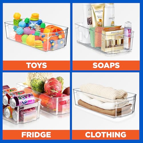 NutriChef Refrigerator Organizer Bins 6-Piece - Plastic Storage Bins with Egg Holder - For Fridge, Freezer, Kitchen, Cabinet, Countertops, Pantry - Stackable Food & Drink Containers, 14.5"x7" - Clear - style: 6-Piece