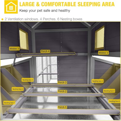 Extra Large Chicken Coop for 8-10 Chickens,Hen House with 6 Nesting Boxes | Reinforced L-bracket structure+galvanized wire mesh for predator protection.asphalt roof,multiple doors for easy cleaning - color: Grey, size: 118.1"L x 53.5"W x 49.5"H