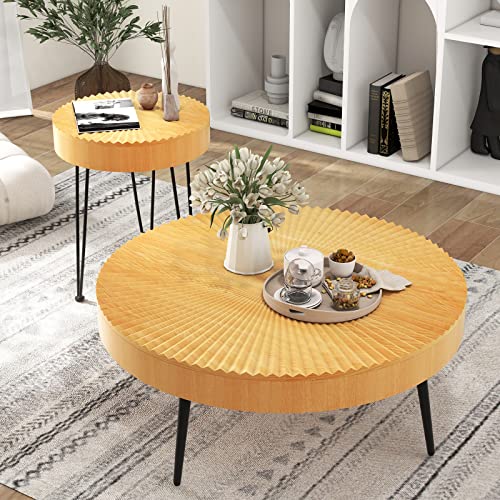 COSTWAY Farmhouse Round Coffee Table Set of 2, Rustic Sofa Side Tea Tables w/Wood Finish, Metal Frame, Adjustable Foot Pads, Nesting End Table Set for Living Room, Bedroom (Radial Pattern, Natural) - color: Natural, style: Radial Pattern
