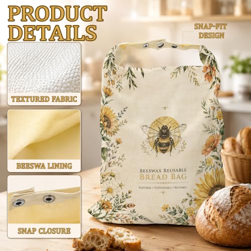 Bee Sunflower Bread Bags for Homemade Bread, Botanical Garden 2 Pack Linen and Beeswax Sourdough Storage Bags, Reusable Keeper, Keeps Breads Fresh Longer, Gifts for Bakers - color: Bee Sunflower