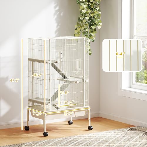 PawHut 47" Small Animal Cage, 4 Levels Large Rolling for Syrian Beige | Metal Ferret Chinchilla Rabbit Cage, 5.9" Deep Tray, 3 Ramps, Water Bottle, Food Dish, Squirrel