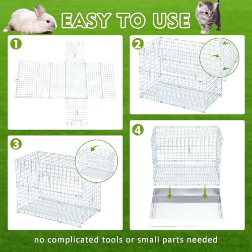DoubleFill Folding One Hole Rabbit Transport Cage, Portable 18 x 10 x 14 in Rabbit Carrier with Tray and Handles for Travel Temporary Housing Indoor Outdoor Small Animal Enclosure - color: Sliver, size: 18.9"L x 14.0"W x 4.1"H