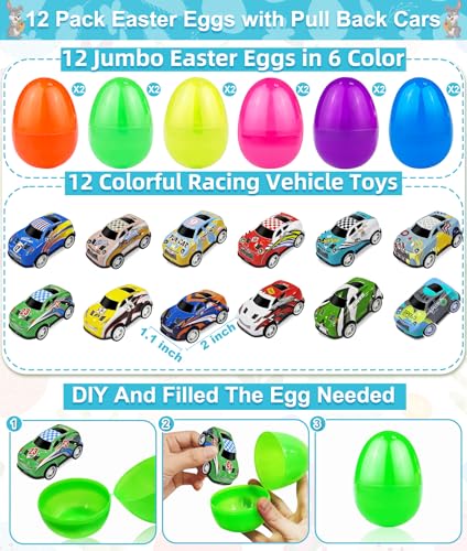 12 Pack Easter Eggs with Pull Back Race Cars Toys, 2.2" Colorful Mini Vehicles in Surprise Eggs for Egg Hunt, Easter Basket Stuffers Gifts Birthday Party Favors for Boys Ages 3+ - style: 12 Pack Easter Eggs with Pull Back Cars