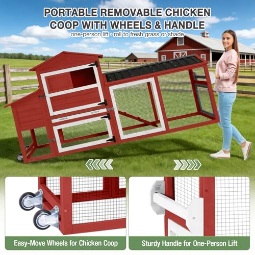 80" Large Chicken Coop on Wheels, with Run, Outdoor Wooden Hen House with Nesting Box, Leakproof Pull-Out Tray & Waterproof Roof, for 4–6 Chickens-Red - color: Red (AIR61-R)