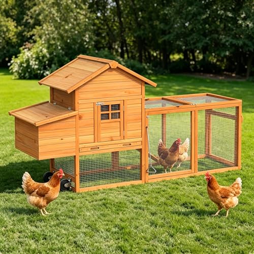 GOJOOASIS Portable Chicken Coop with Wheels & Handrail, Weatherproof Wooden Hen House, Removable Tray & Nesting Box, Ideal for Chickens, Ducks, Rabbits & Small Animals (80" Wood Top with Wheel)