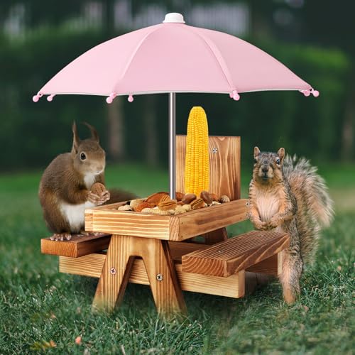 Gnodary Squirrel Feeder with Umbrella, Squirrel Feeders for Outside, Squirrel Picnic Table Feeder - Chipmunk Feeder Hold Corn, Corn Cob, Peanuts (Pink) - color: Pink