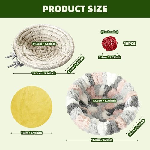 12pcs Bird Nest for Cage, Plush Hanging Bird Bed | Hand Woven Hemp Rope Nest, 9 Bird Toys Included, For Dove Parrot Canary Little Parrot, Warm Breeding Cabin Nest