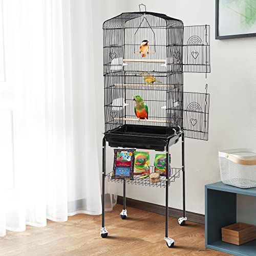 ZENY 63.4 Inch Bird Cage, Rolling Wrought Iron Parrot Cage | with Side-out Tray, Storage Shelf, Pet Bird House for Parrot Cockatiel Cockatoo Parakeet Macaw Finches