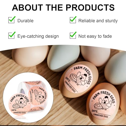 500pcs Farm Fresh Egg Stickers, 2" Round Self-Adhesive Unwashed Egg Stamps Packaging Labels Carton Labels with Collection Date for Farm Chicken Duck Supplies