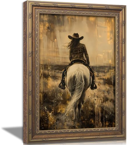 Vintage Gold Framed Western Cowgirl Wall Art Equestrian Rider in Sepia Tones Painting Canvas Prints Country Cowboy White Horse Picture Poster Rustic Farmhouse Artwork for Living Room Bedroom - color: Cowgirl, size: 11"L x 9"W