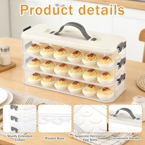 3-Layer Deviled Egg Container with Lid and Handle, Clear Plastic Deviled Egg Carrier for Fridge, Portable Stackable Eggs Holder Platter for Easter Party Picnics Camping Travel