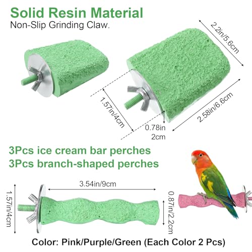 6PCS Bird Beak Grinding Stone Perch – Anti-Slip Resin Perch Stand for Beak & Claw Trimming, Chewing Toy for Parakeets, Budgies, Cockatiels, Conures