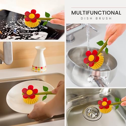 Vigar Flower Power Dish Brush with Handle and Stand - White, Red | Flower-Shaped, Dish Scrubber for Dishes, Dishwashing Brush, Kitchen Scrub Brush, Kitchen Essentials - color: Red