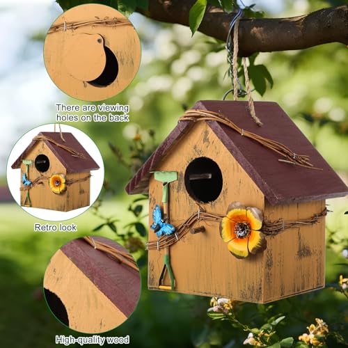 DoubleFill 2 Pcs Birdhouses for Outdoor Hanging Yard Outside Wooden Birdhouse Hand Painted Bird Box for Bird Lovers Bluebird Tree Garden Decor Decorative Birdhouse(Blue,Yellow,Wooden Roof) - color: Blue,Yellow, size: Wooden Roof
