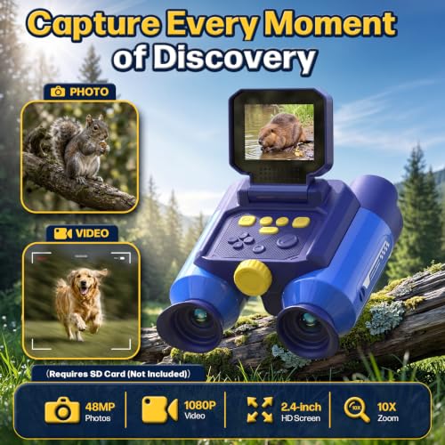 Binoculars for Kids with Night Vision,48MP Photo & 1080P Video(Blue) | 10X Optical Zoom Digital Binoculars with 2.4" IPS Screen, 20 Built-in Games, STEM Outdoor Toys Gift for Boys Girls Age 4-12 - color: Blue