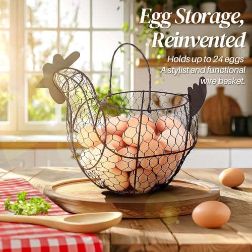 Flexzion Egg Basket for Gathering Fresh Eggs, Black Wire Chicken Egg Collecting Basket Countertop, 24-Egg Metal Holder with Handle, Chicken Shaped Basket for Farmhouse Kitchen Decor - size: Large Chicken Basket
