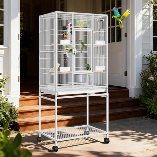 VIVOHOME 54 Inch Wrought Iron Large Bird Cage with Rolling Stand | Bird Flight Cage with Stand, Casters, Slide-out Tray for Parakeets Canaries Parrot Cockatiels Lovebirds Conures, Whtie - color: White