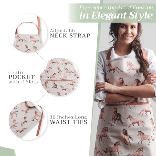 Maison d' Hermine Aprons for women with Pocket 100% Cotton (27.50"x31.50") | Adjustable Neck Strap & long ties Apron Men Chef Wedding Cooking Gardening Server Maid - color: 030 - Free Horse