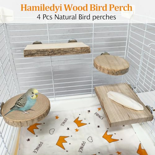 Hamiledyi Wood Bird Perch 4 Pcs Natural Bird perches Wooden Stand Platform or Budgie Conure Parrot Parakeet Cockatiel Lovebird - size: 3.9x2+6.1x2in