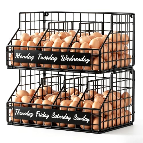Egg Holder Countertop, Large 2T Chicken Egg Basket for Gathering Fresh Eggs | Egg Storage Organizer with Adjustable 5 Divider & Label, Stackable Wall Mounted Egg Collecting Basket Rack, XXL Black - color: 2T XXL Black