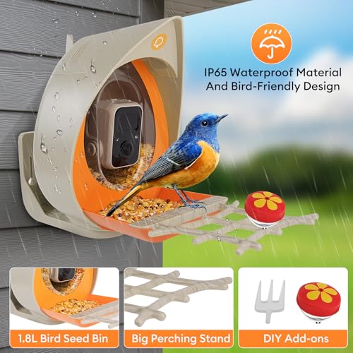 Bird Feeder with Camera Solar Powered, Smart Birds Feeder for Outside, AI Bird Identification Auto Capture Videos Pictures, 2K Live Feed Cam for Backyard, Ideal Gift for Birds Lover - color: light brown