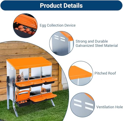 6-Hole Chicken Nesting Box with Removable Lid, Metal Chicken Coops with Roll Away Design/Easy Egg Collection/Ventilation Holes, for Chickens Coops, Duck and Hens - color: Orange, size: 6 holes with legs