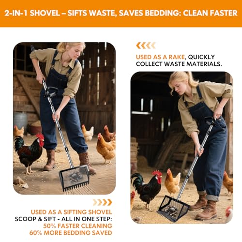 Chicken Coop Scoop (22 to 75") Chicken Coop Rake and Scoop with Grip 5 Section Extra Long Handle Chicken Pooper Scooper for Sand Metal Chicken Cleaning Tools Livestock Rake(Black) - color: Black