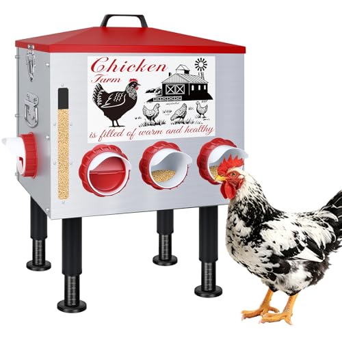 50Lb Automatic Chicken Feeder with Window 10 Port No Waste Rust-Proof Galvanized Steel with Locking Lid & Adjustable Height Legs Waterproof Portable Poultry Feeder for Chickens,Ducks,Geese