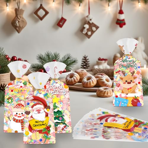 100 Pcs Christmas Treat Bags - Cute Merry Christmas Cellophane Bags, Plastic Christmass Gift Bags Bulk, Clear Winter Xmas Candy Cello Goodie Bag with Twist Ties for Xmas Party Favors Supplies - color: Christmas