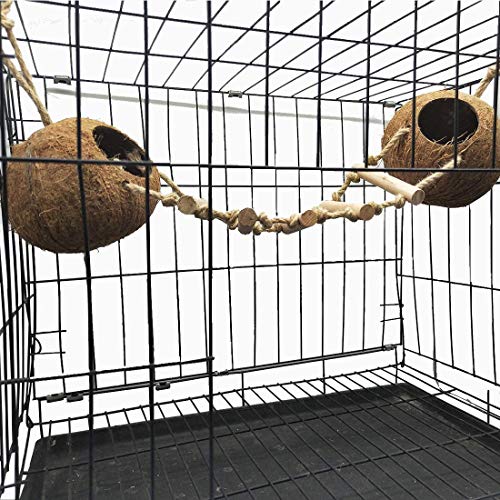 kathson 5PCS Bird Hides Coconut Nest with Ladder Perches Hanging Parrot House Cage Natural Coconut Fiber Parakeet Chewing Toys Intelligence Training Rings for Small Budgies Cockatiels