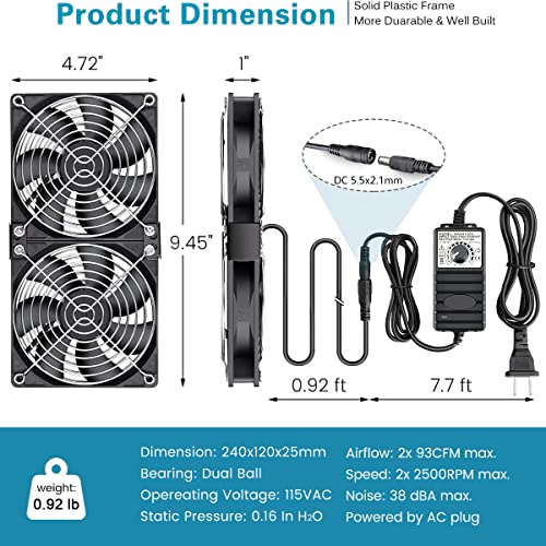 GDSTIME Dual 120mm AC Powered Fan with Variable Speed Controller 110V 120V | 2x120mm 240mm Computer Fan with AC Plug, for RV Fridge, Server Cabinet, Grow Rack, DIY Cooling Ventilation Exhaust Projects - size: 2x 120mm fan
