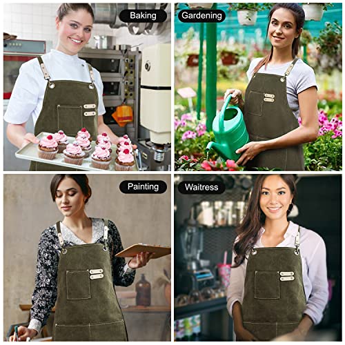 Hongsome Cotton Canvas Cross Back Apron for Art Painting Garden Chef Bartender Work,Women Men 3 Pockets Waterproof M-XXL - color: Green