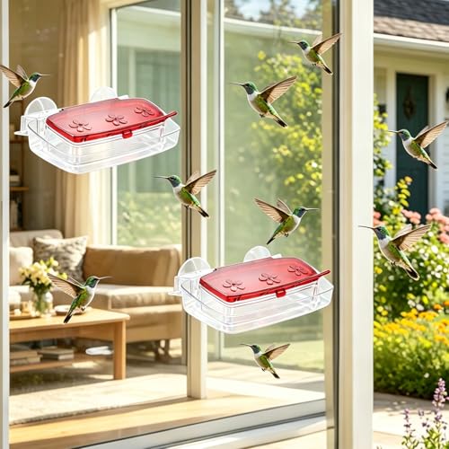 Window Hummingbird Feeder 2 Pack, Plastic Bird Feeding Tray with 3 Feeding Ports & Suction Cup Mount, Easy to Clean & Refill, Great Gift for Bird Watchers, 8-Ounce