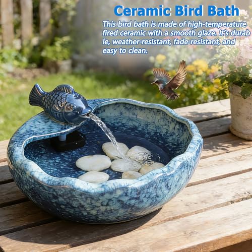 Ceramic Solar Bird Bath Fountain with Battery Backup,Solar Fountain Outdoor | Birdbath Fountain ,Solar Water Fountain for Garden, Patio & Yard Decor,Working at Night for at Least 6 Hours (Koi Fish).