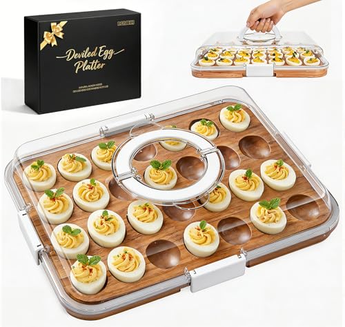 Deviled Egg Containers with Lid, Acacia Wooden Base with 28 Slots | Portable Deviled Egg Platter Carrier Holder Trays, Elegant appearance, Strong Durability, for Party and Home Kitchen - color: White