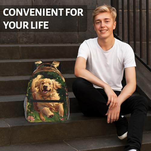 Running Golden Retriever Backpack for Women Teen Girls School Laptop College Playful Dog in Forest with Flowers Backpacks for Gifts Travel Hiking Work Camping, Polyester Lightweight Bookbag Back Pack - color: Golden Retriever27