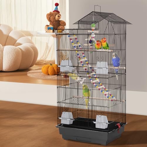 FDW 39 Inch Bird Cage Parakeet Cage with Play Top Rolling Stand & Easy Clean Pull-Out Tray Roof Top Parrot Cage for for Finches Canaries Parakeets Cockatiels & Other Small Birds, Black - color: Black