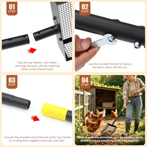 Chicken Poop Scooper & Rake, 42-84" Adjustable Chicken Scooper for Poop, Metal Sand Sifting Litter Shovel for Chicken & Goat Coop, Black