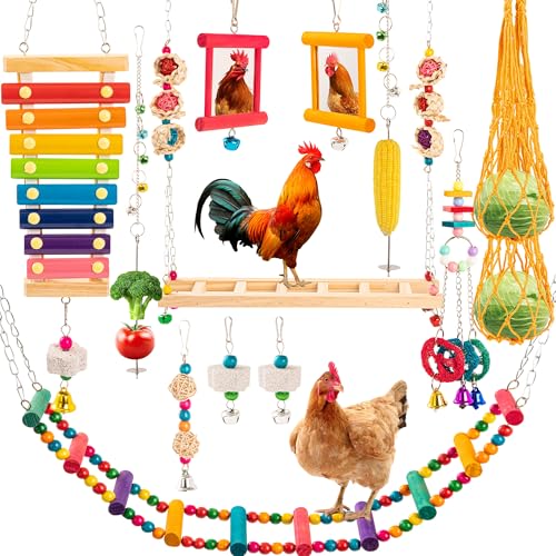 14 Pack Chicken Toys for Coop Chicken Swing Ladder Perch Coop Toy Xylophone Mirror Enrichment Chick Toys Hanging Vegetable Fruits Skewers Feeders for Hen Birds Parrots