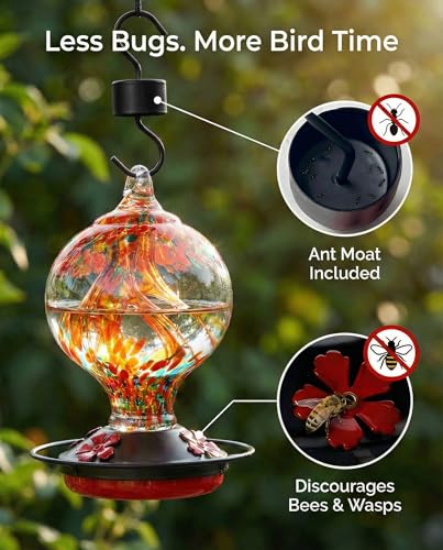 Hummingbird Feeder for Outdoors, 34 oz Hand-Blown Glass Bird Feeders | Unique Garden Gift, Decorative Inner Glass Humming Bird Feeder with Ant Moat Hook, Bee Guard Ports, Brush, Sunset Red - color: A Sunset Red
