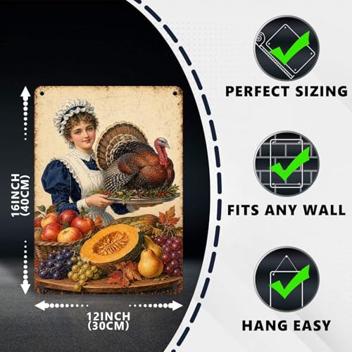 Vintage Thanksgiving Pilgrim Girl Turkey Pumpkin Tin Sign Harvest Wall Decor for Kitchen Dining Room Living Room Porch Entryway and Farmhouse Home Decor 16 * 12In - color: Vintage Thanksgiving Tin Sign 16, size: 30X40cm(12*16in)
