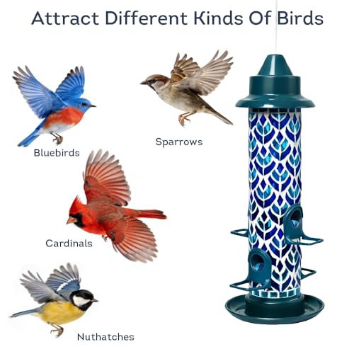 Lily's Home Blue Mosaic Tube Bird Feeder - Attracts Small Birds - 4 Feeding Ports, 3 or 4 Cups Capacity & 6'' Hanging Wire - Tube Bird Feeders for Outdoors Garden - Easy Refill - Twist-Off Cap - color: Blue