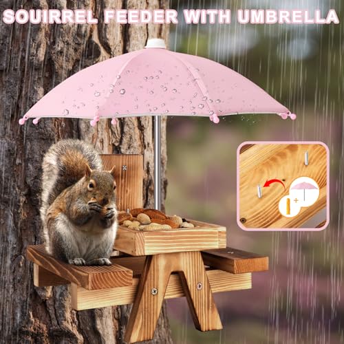 Gnodary Squirrel Feeder with Umbrella, Squirrel Feeders for Outside, Squirrel Picnic Table Feeder - Chipmunk Feeder Hold Corn, Corn Cob, Peanuts (Pink) - color: Pink
