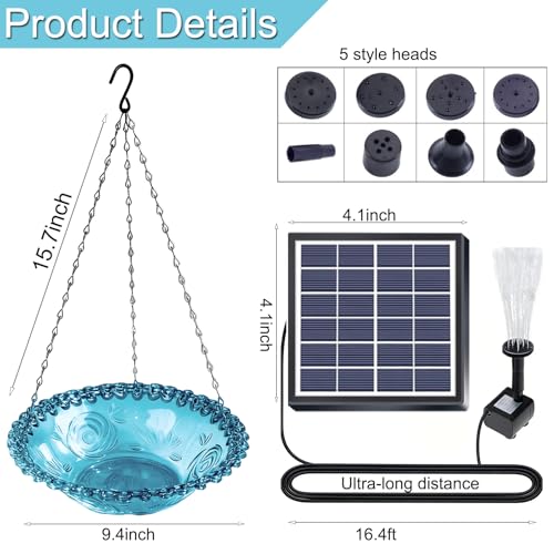 Solar Bird Bath Hanging with Fountain for Outdoors, Solar Powered Hanging Outdoor Water Fountain, Bird Bath with Solar Fountain for Garden, Patio, Yard, Deck