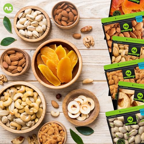NUT CRAVINGS - Dried Fruit & Mixed Nuts Basket in Green Box (9 Assortments of 4 oz, 2.25 lb) Food Arrangement, Healthy Snack Care Package, Kosher - style: Variety Bags (9 Assortment)