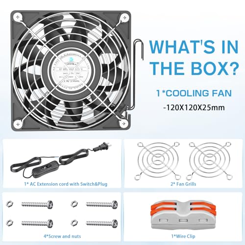 120mm Fan,120x25mm EC Brushless Cooling Fan, High Static Pressure AC 110V 120V 220V 240V Axial Fan,with AC Power ON/Off Switch Extender Cable, for DIY Cooling Industrial Case Exhaust Projects - size: 120mmx25mm Pressurized